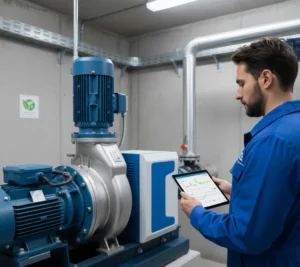 טכנאי מגיע לבקרה ותחזוקה של משאבת מים לבניין