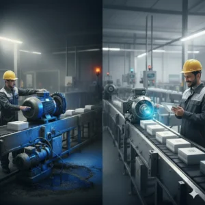 מנוע חשמלי ומערכת שינוע על קו ייצור במפעל, עובד מנטר את פעילות המכונה לשמירה על רציפות עבודה ומניעת תקלות